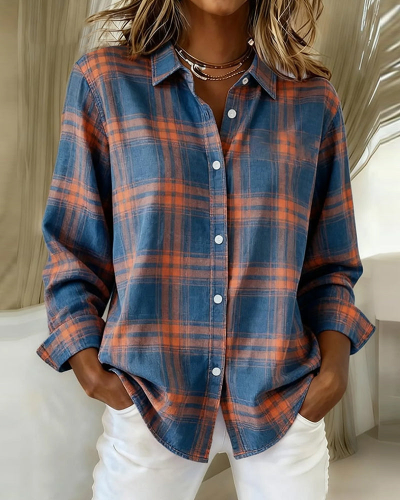 Plaid button-front shirt with notched collar in blue and orange, long sleeves
