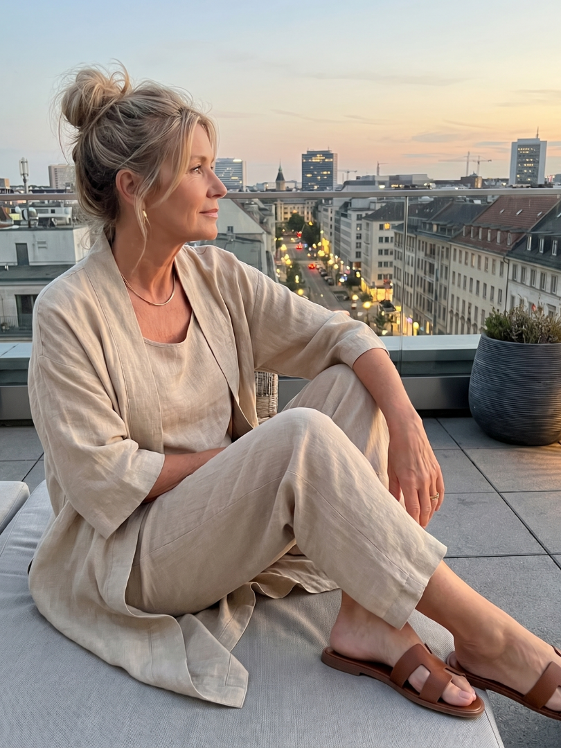 Beige relaxed three-piece set with scoop-neck top, wide-leg pants, and open jacket