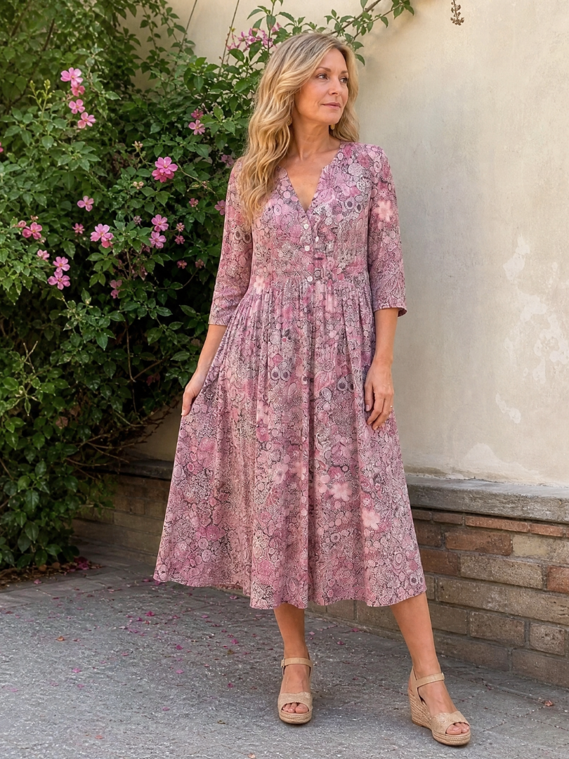 Pink floral midi dress with V-neck and three-quarter sleeves, gathered full skirt