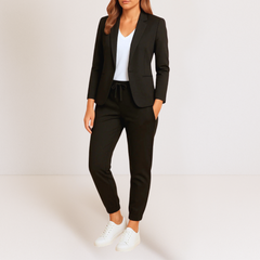 Black blazer jacket and matching jogger pants set with drawstring waist and cuffs