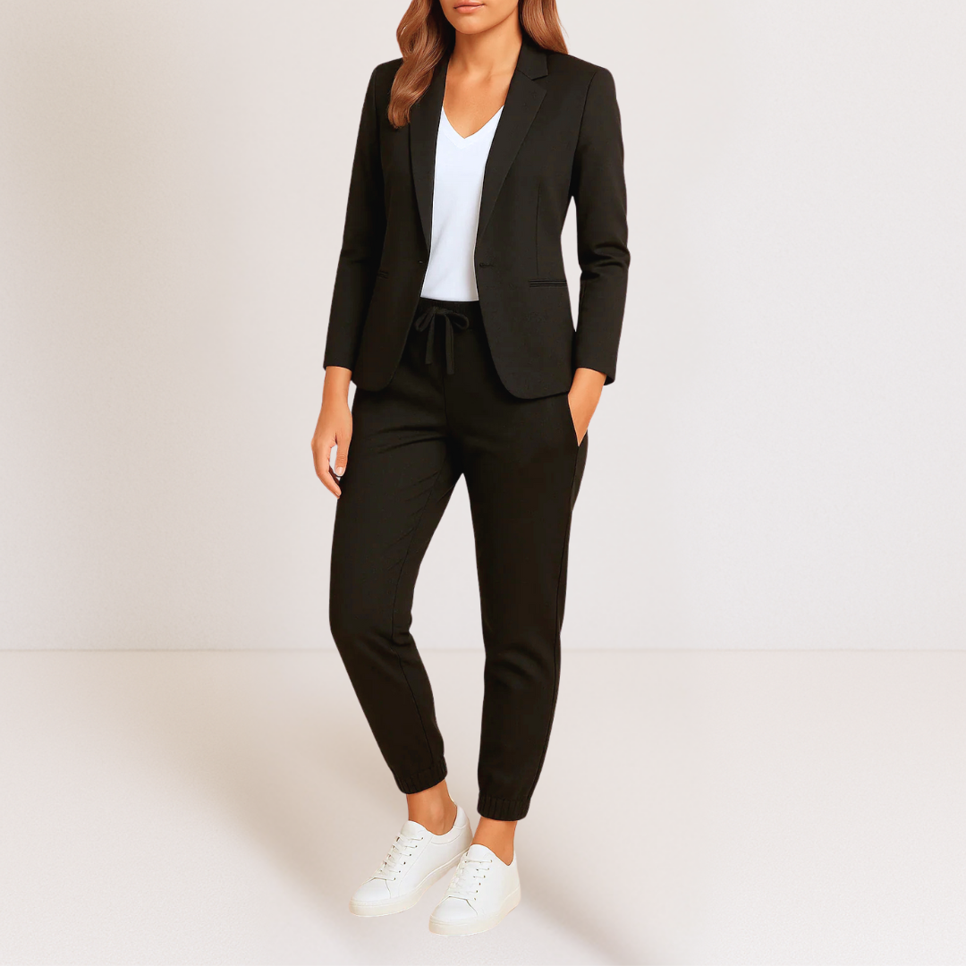 Black blazer jacket and matching jogger pants set with drawstring waist and cuffs