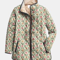 Floral art print quilted jacket, multicolour, button front and stand collar