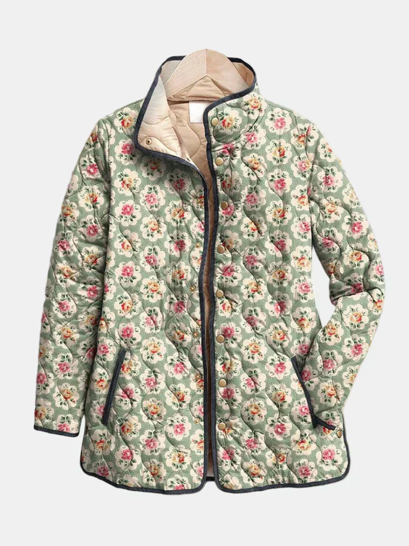 Floral art print quilted jacket, multicolour, button front and stand collar