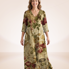 Floral relaxed dress in olive green with roses and leaves, V-neck, 3/4 sleeves, midi hem