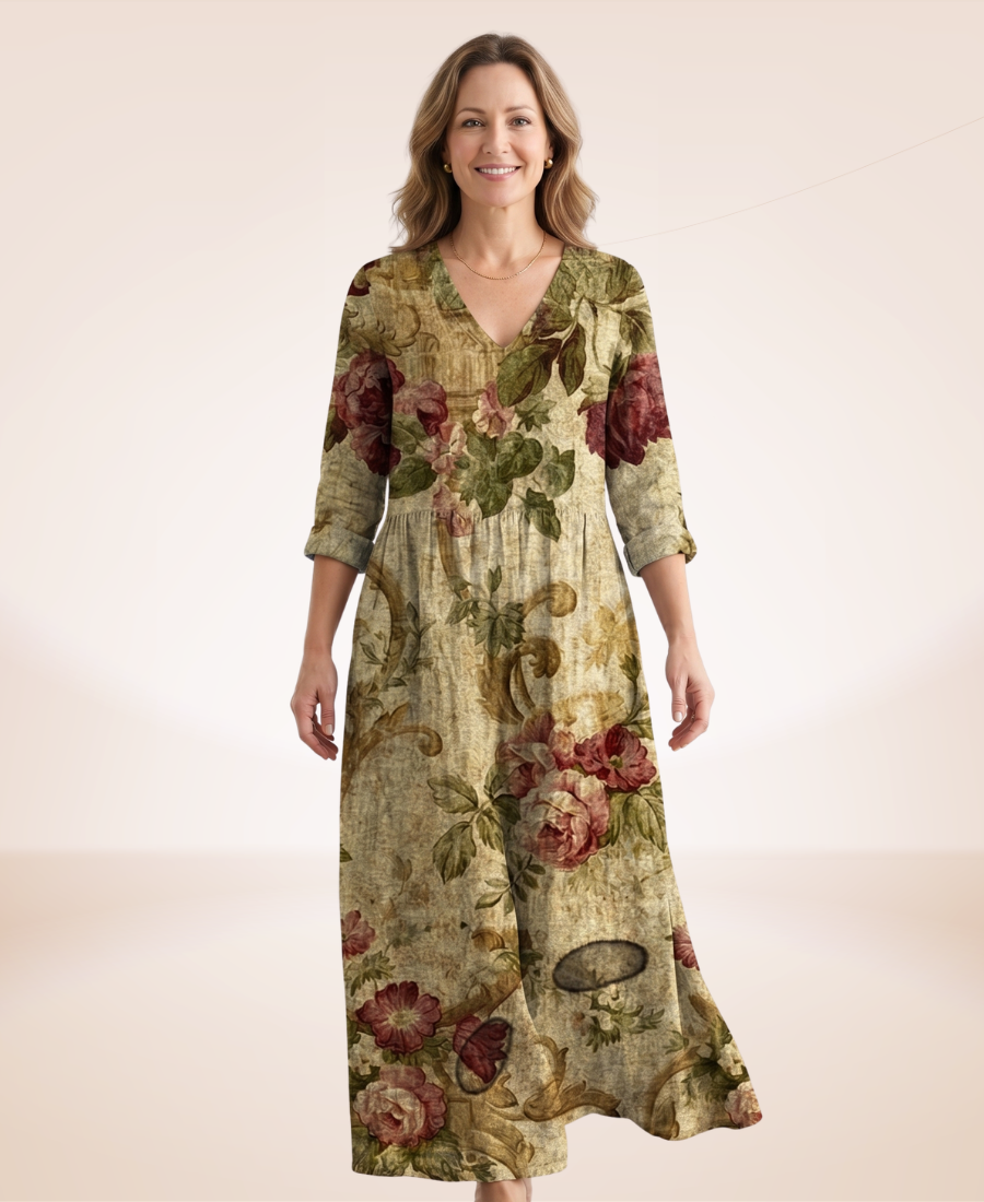 Floral relaxed dress in olive green with roses and leaves, V-neck, 3/4 sleeves, midi hem