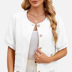 Cropped white tweed blazer jacket, short sleeves, gold-tone buttons, front pockets