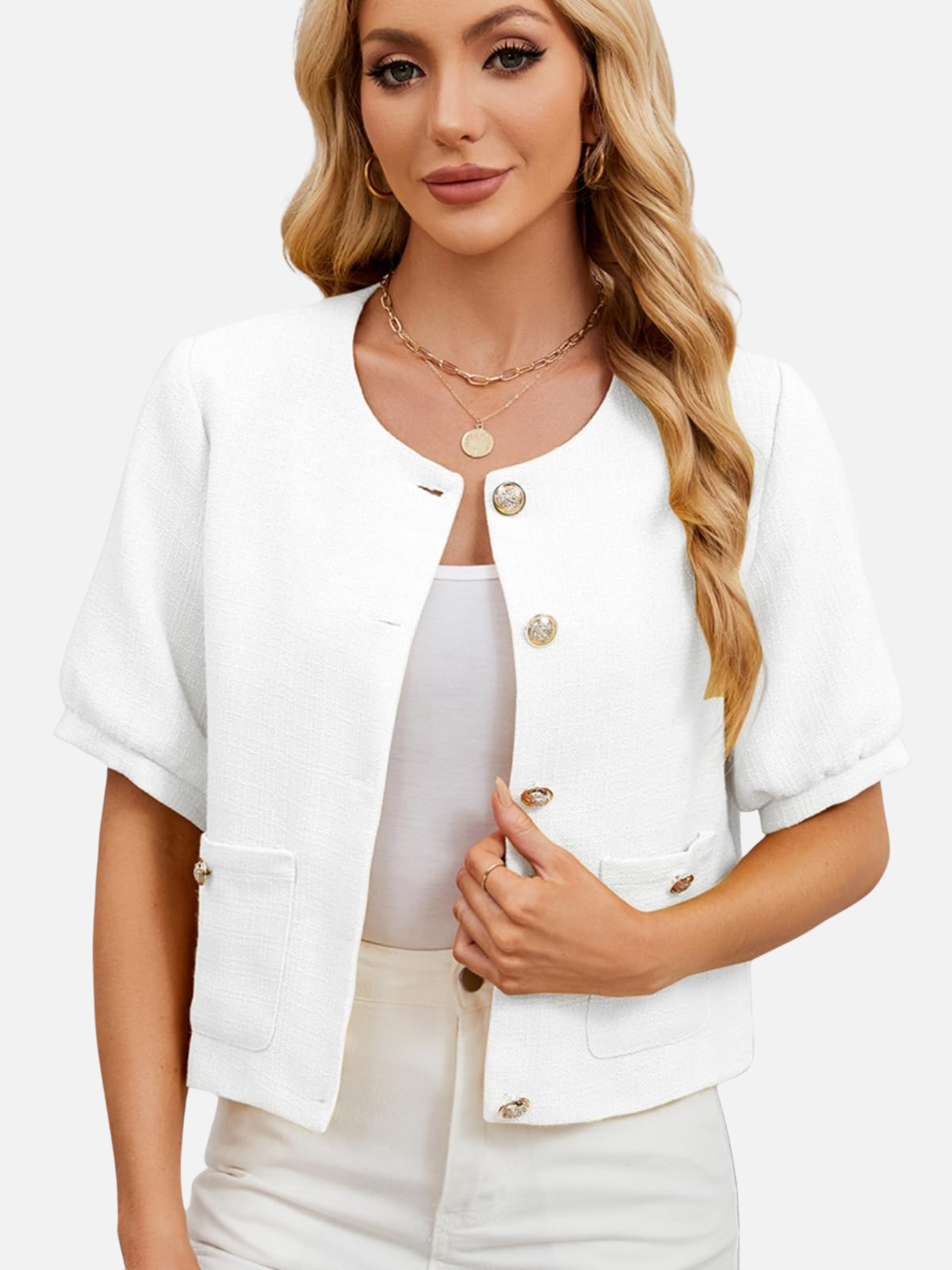 Cropped white tweed blazer jacket, short sleeves, gold-tone buttons, front pockets