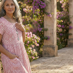 Meadow Drift dress in pink with white tiny dots, short sleeves, front side view