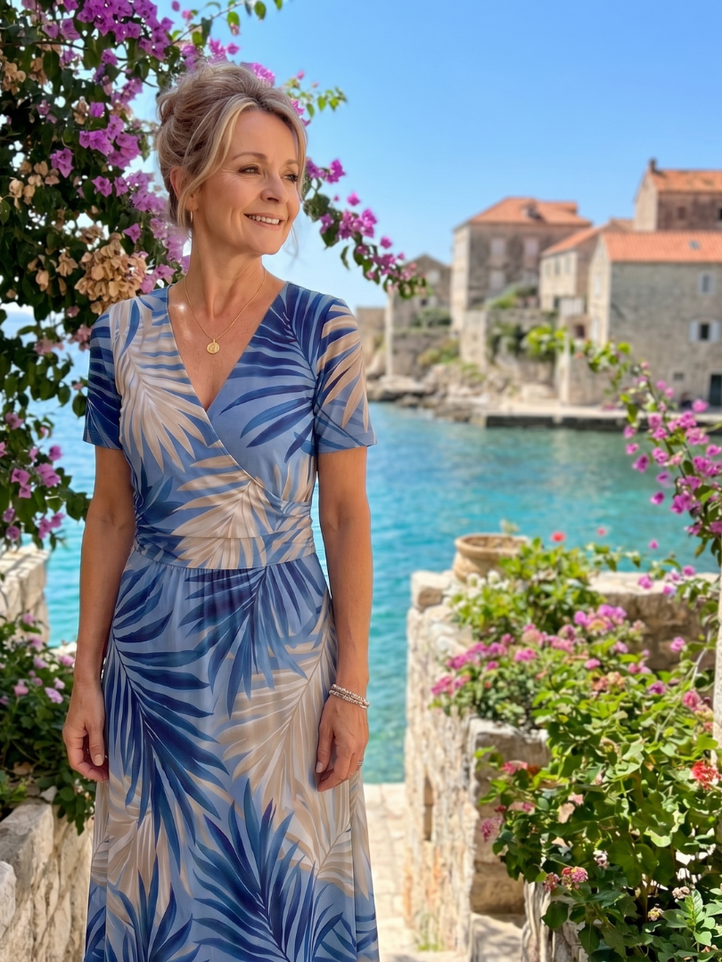 Blue-and-cream leaf print V-neck midi dress with short sleeves and ruched waist