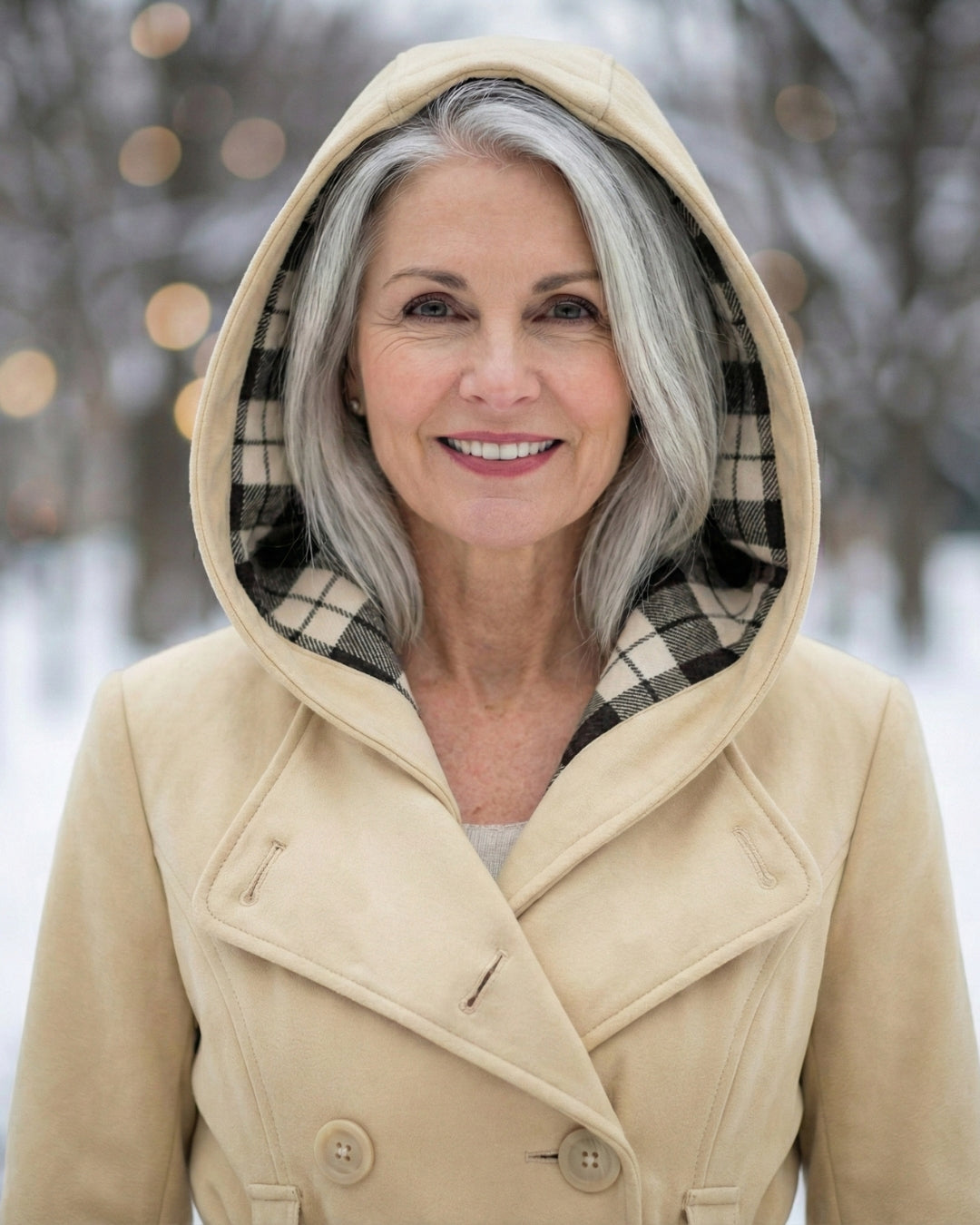 Cream wool hooded coat with plaid hood lining and double-breasted button front.