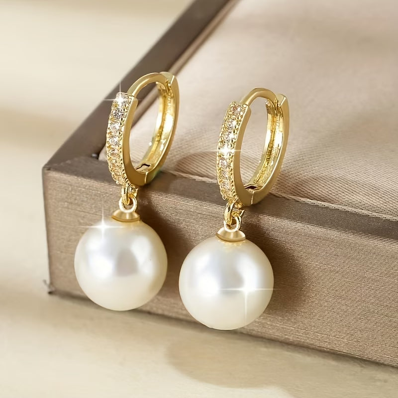 Gold geometric hoop drop earrings with pearl pendants