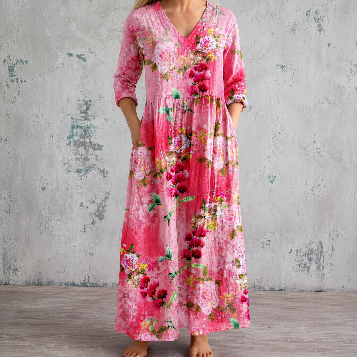 Pink floral summer dress with V-neck, three-quarter sleeves and gathered waist