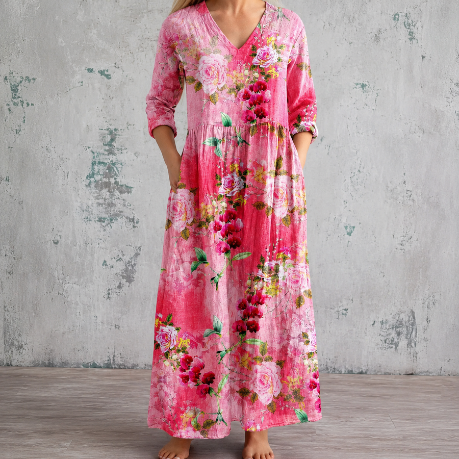 Pink floral summer dress with V-neck, three-quarter sleeves and gathered waist