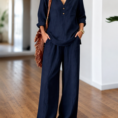 Navy long-sleeve two-piece set with V-neck tunic top and wide-leg pants