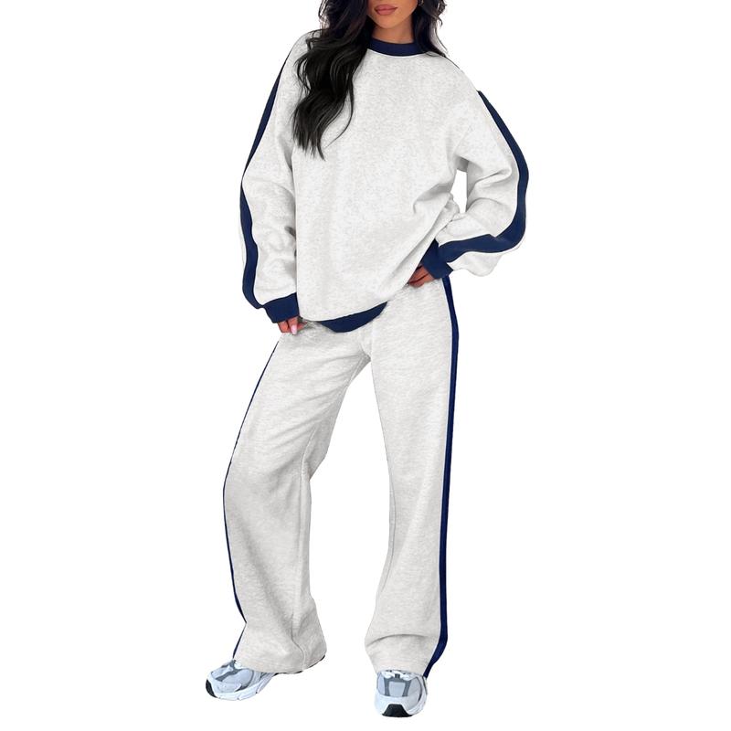 Light grey 2-piece lounge set with crewneck sweatshirt and loose jogger pants, navy side stripes