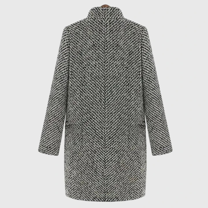 Gray long coat back view with textured herringbone fabric, high collar, and two side pockets