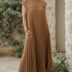 Caramel brown loose maxi dress with cap sleeves and vertical pleated detailing