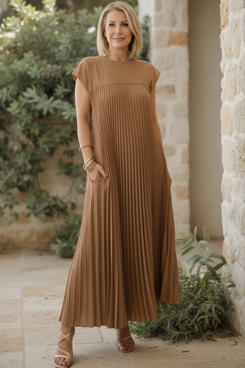 Caramel brown loose maxi dress with cap sleeves and vertical pleated detailing