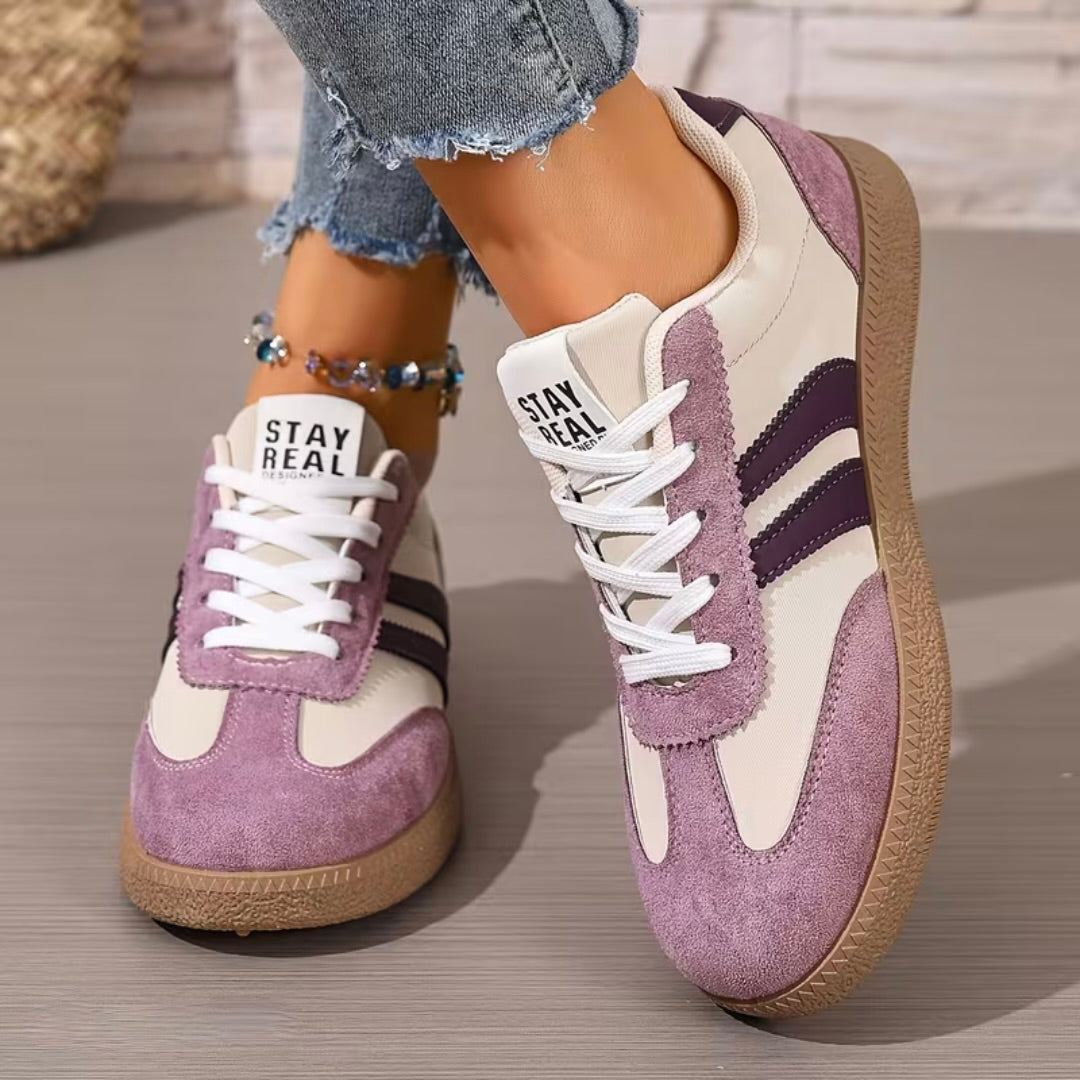 Comfort sneakers, beige and purple suede with white laces and tan sole