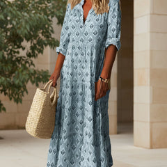 Sky blue boho maxi dress with V-neck, short sleeves, geometric print