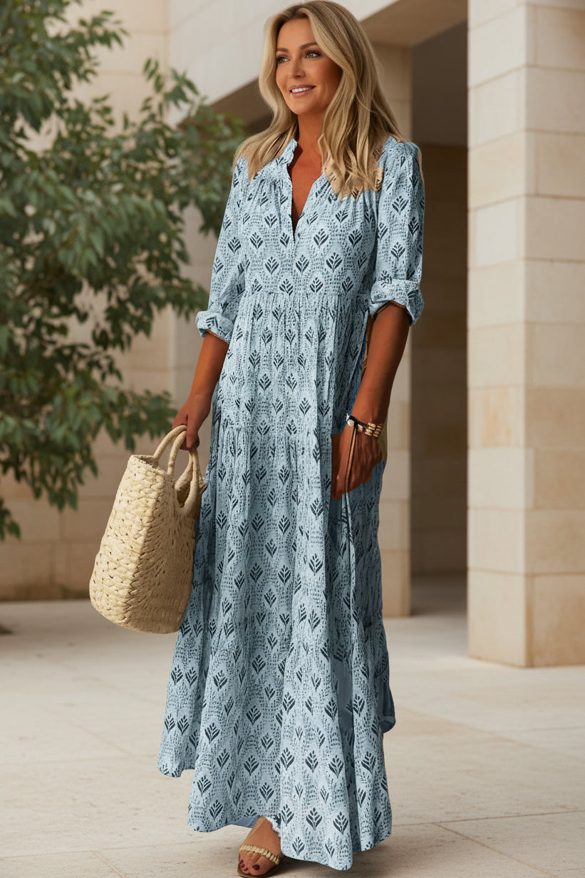 Sky blue boho maxi dress with V-neck, short sleeves, geometric print