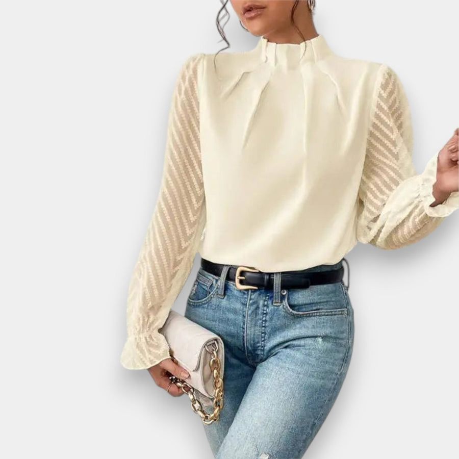 Evana long-sleeve blouse with high collar and striped puff sleeves