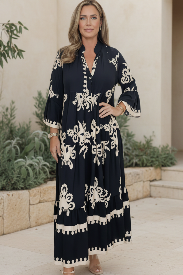 Carbon black maxi dress with cream floral print, V-neck, loose 3/4 sleeves