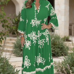 Emerald green maxi dress with white floral embroidery, V-neck, 3/4 sleeves