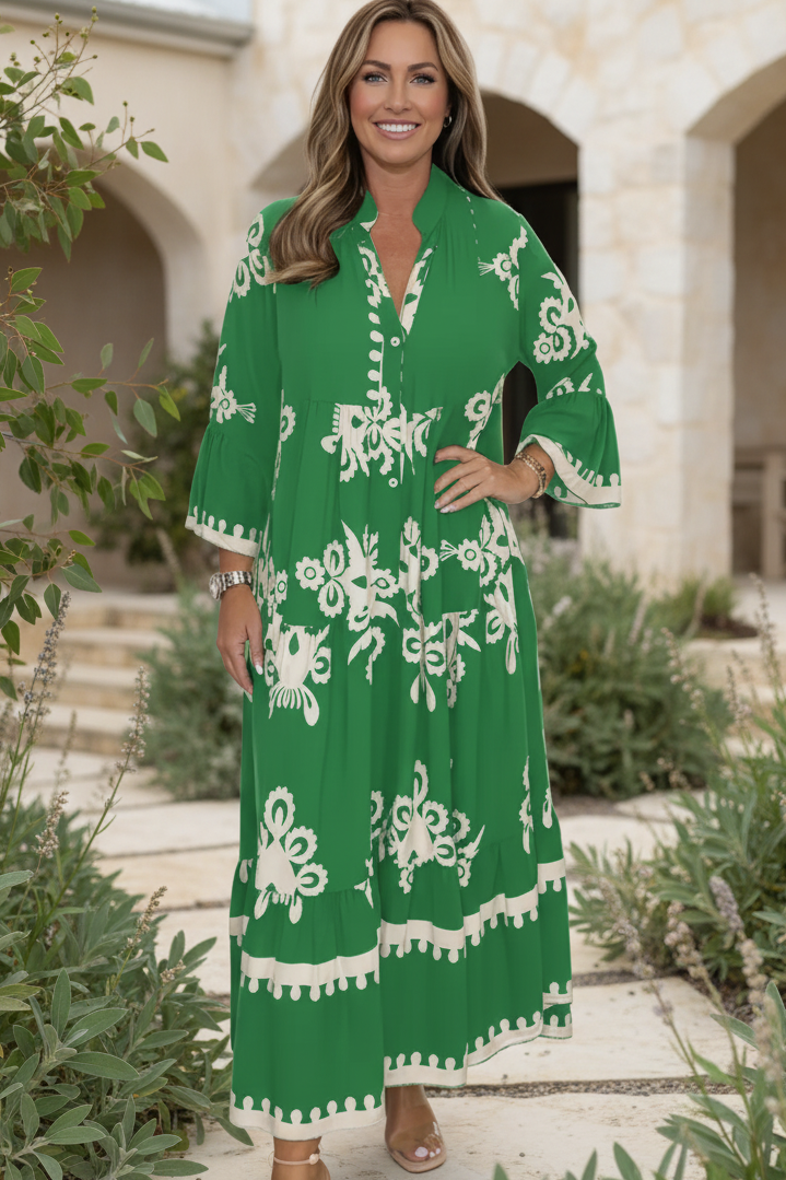 Emerald green maxi dress with white floral embroidery, V-neck, 3/4 sleeves