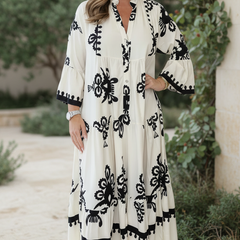 Snow white maxi dress, black floral embroidery, V-neck, 3/4 sleeves