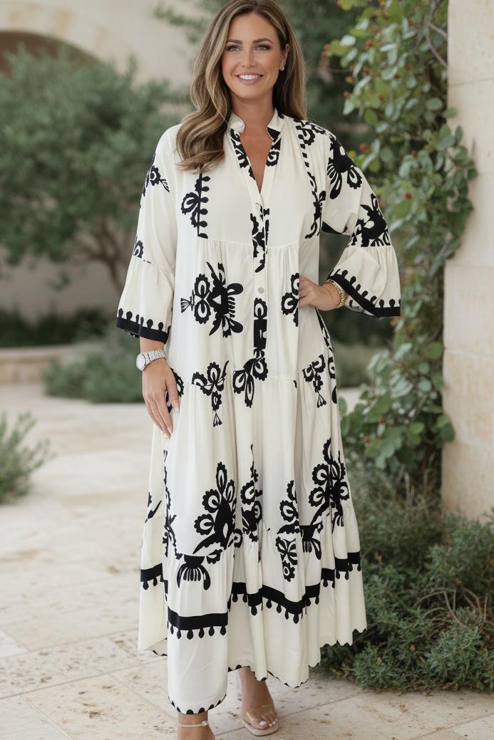 Snow white maxi dress, black floral embroidery, V-neck, 3/4 sleeves