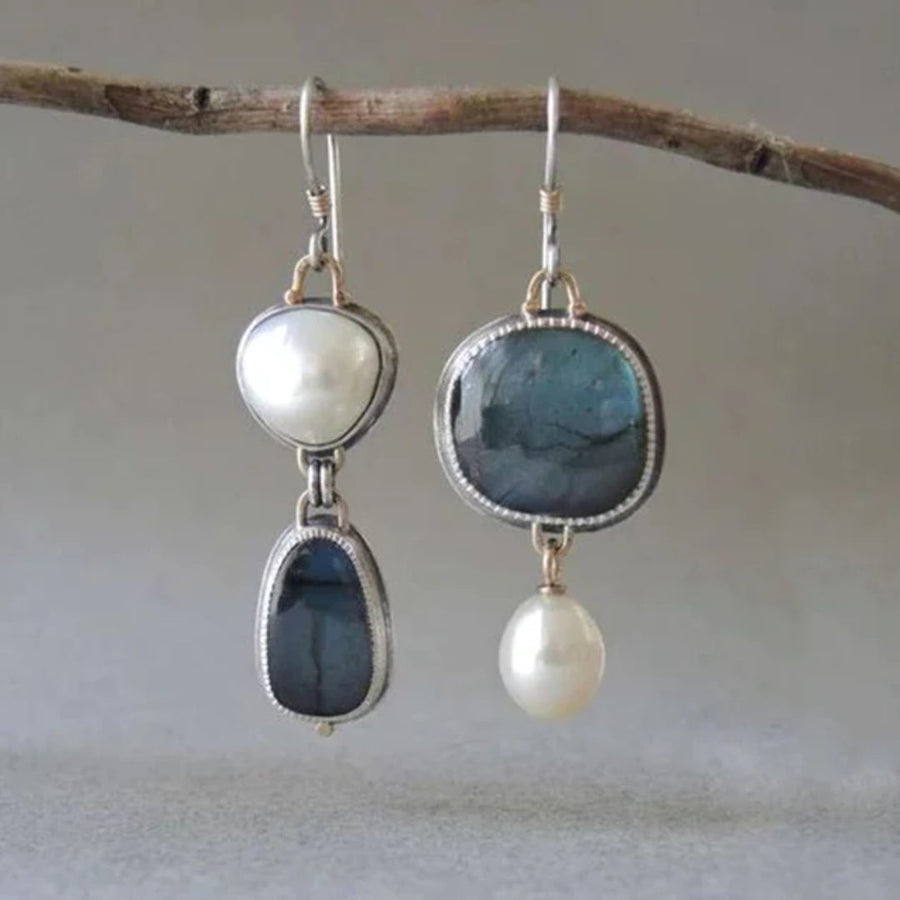 Silver hoop drop earrings with blue stone and white pearl charms