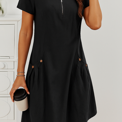 Black zip-front midi dress with short sleeves and button accents at the sides