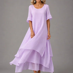 Lavender cotton ruffle midi dress with short sleeves and tiered flared hem