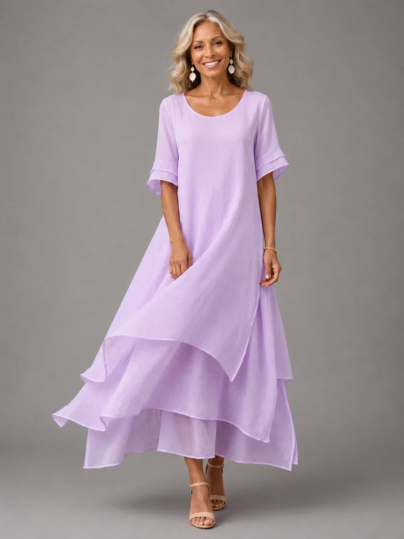 Lavender cotton ruffle midi dress with short sleeves and tiered flared hem