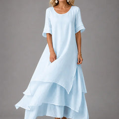 Light blue cotton ruffle midi dress with short sleeves and tiered flared hem