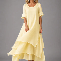 Yellow cotton ruffle midi dress with short sleeves and layered tiered hem
