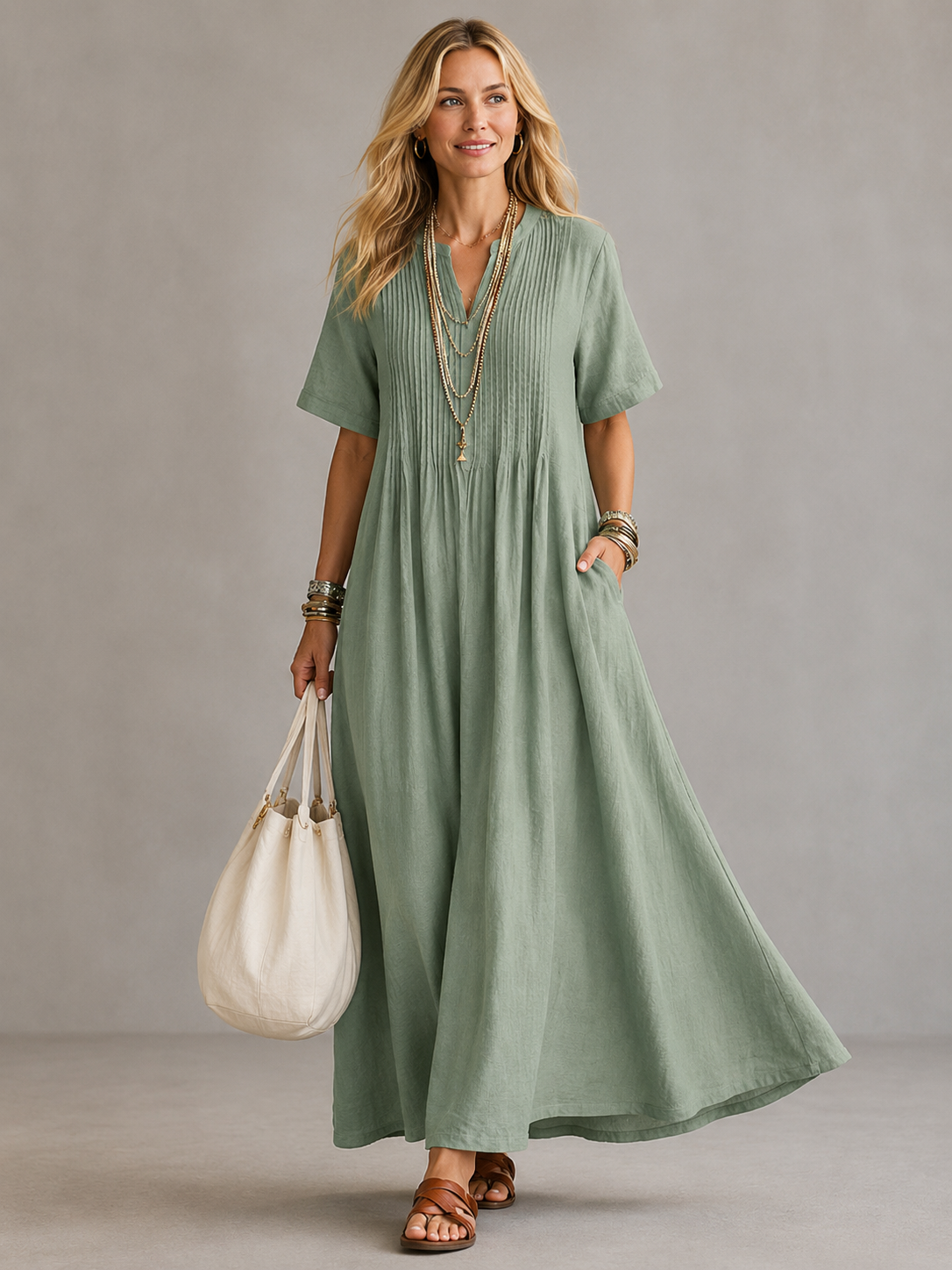 Green pleated maxi dress with V-neck and short sleeves, gathered waist.