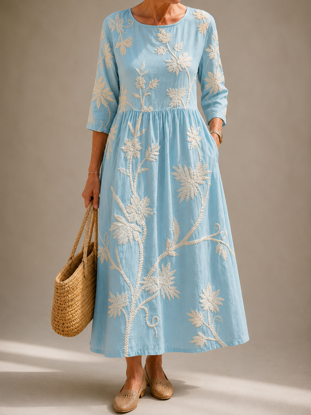 KIMBERLY flower dress, light blue midi with long sleeves and white floral embroidery