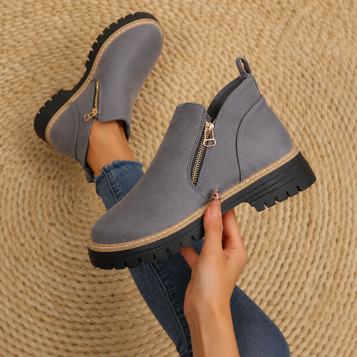 Women’s ankle boots, gray suede with side zip and gold-tone eyelets, lug sole