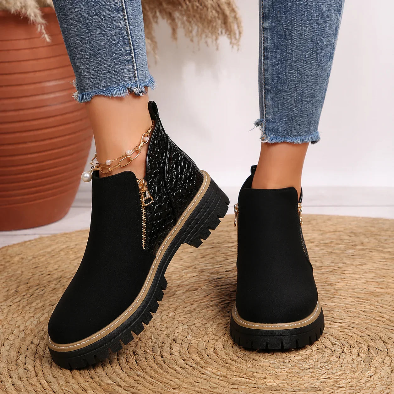 Emma women's croc-detail ankle boots, black with gold zipper and chunky sole