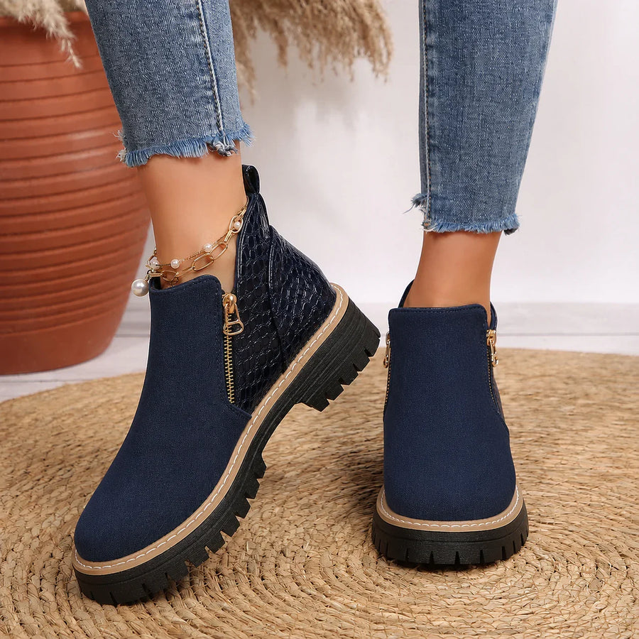 Women's ankle boots, dark blue suede with croc-pattern front panel, gold zipper