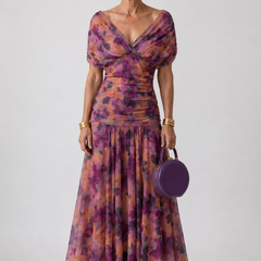 Off-shoulder flow maxi dress with purple multicolor print, V-neck and gathered waist