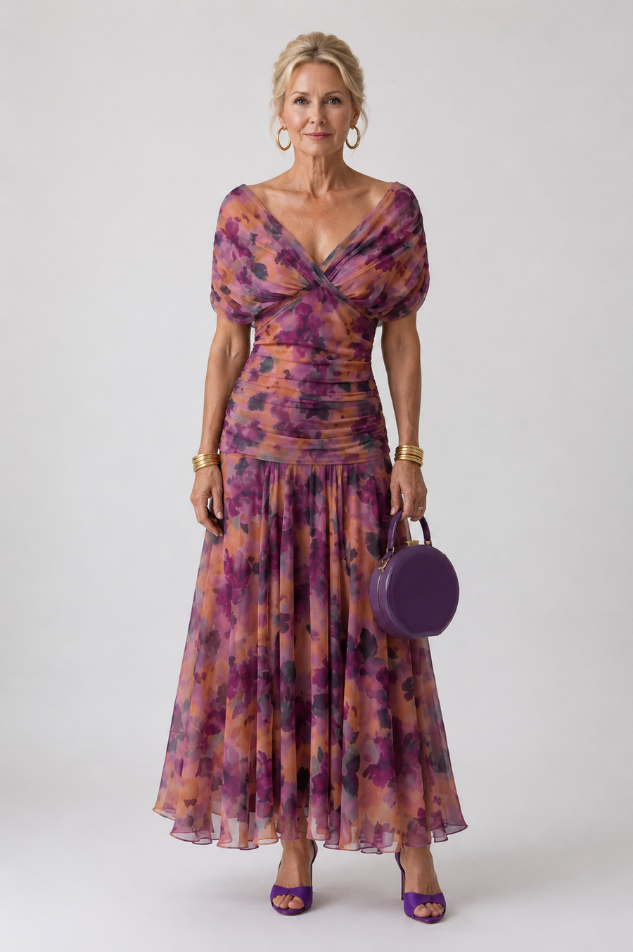 Off-shoulder flow maxi dress with purple multicolor print, V-neck and gathered waist