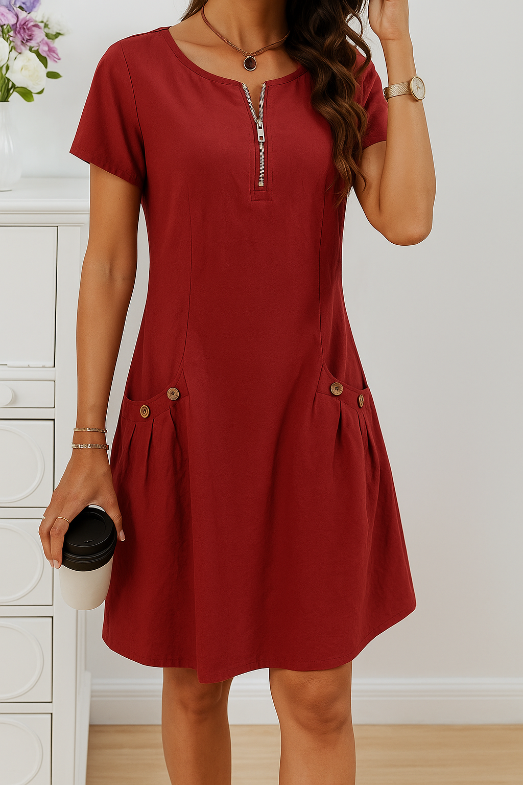 Red zip-front midi dress with short sleeves and button accents at the pockets