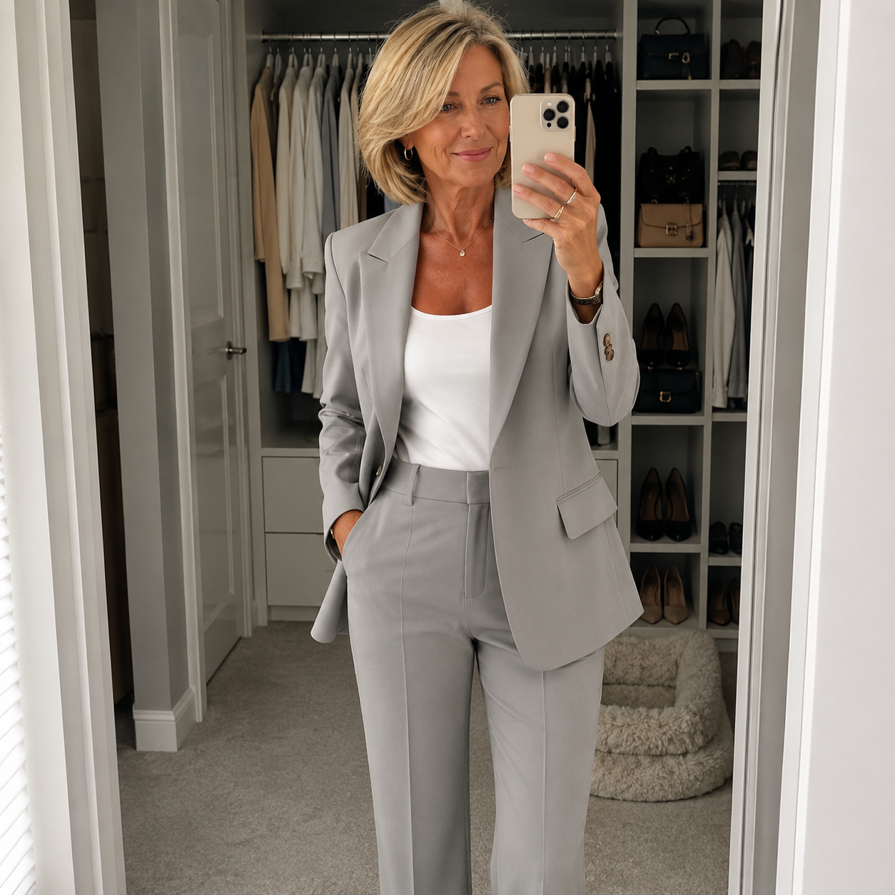 Light grey tailored suit set: blazer with flap pockets and straight-leg trousers