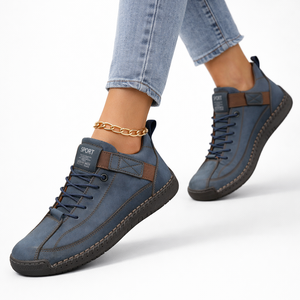 Marine blue lace-up comfort sneakers with side strap and textured rubber sole
