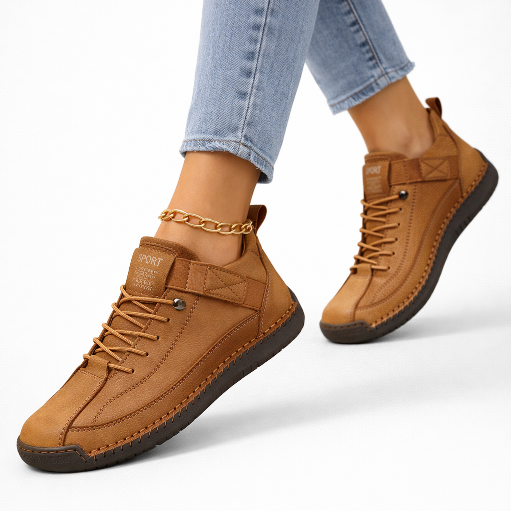 Brown lace-up comfort sneakers with side strap and textured rubber sole