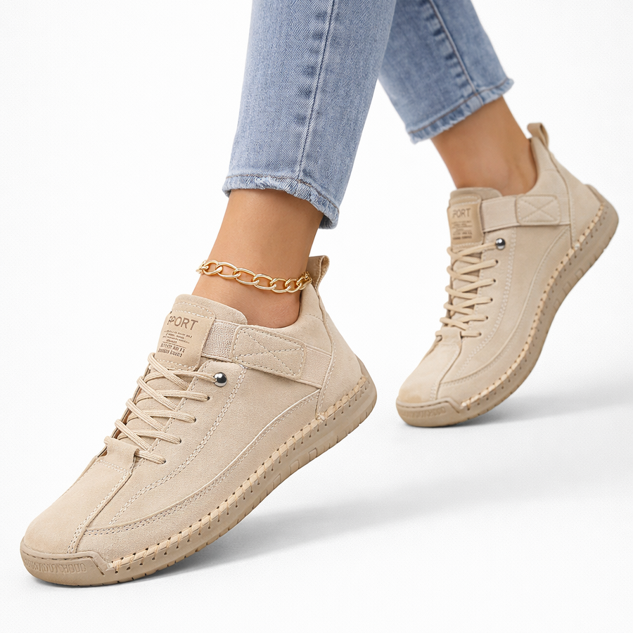 Beige lace-up comfort sneakers with side strap and textured rubber sole