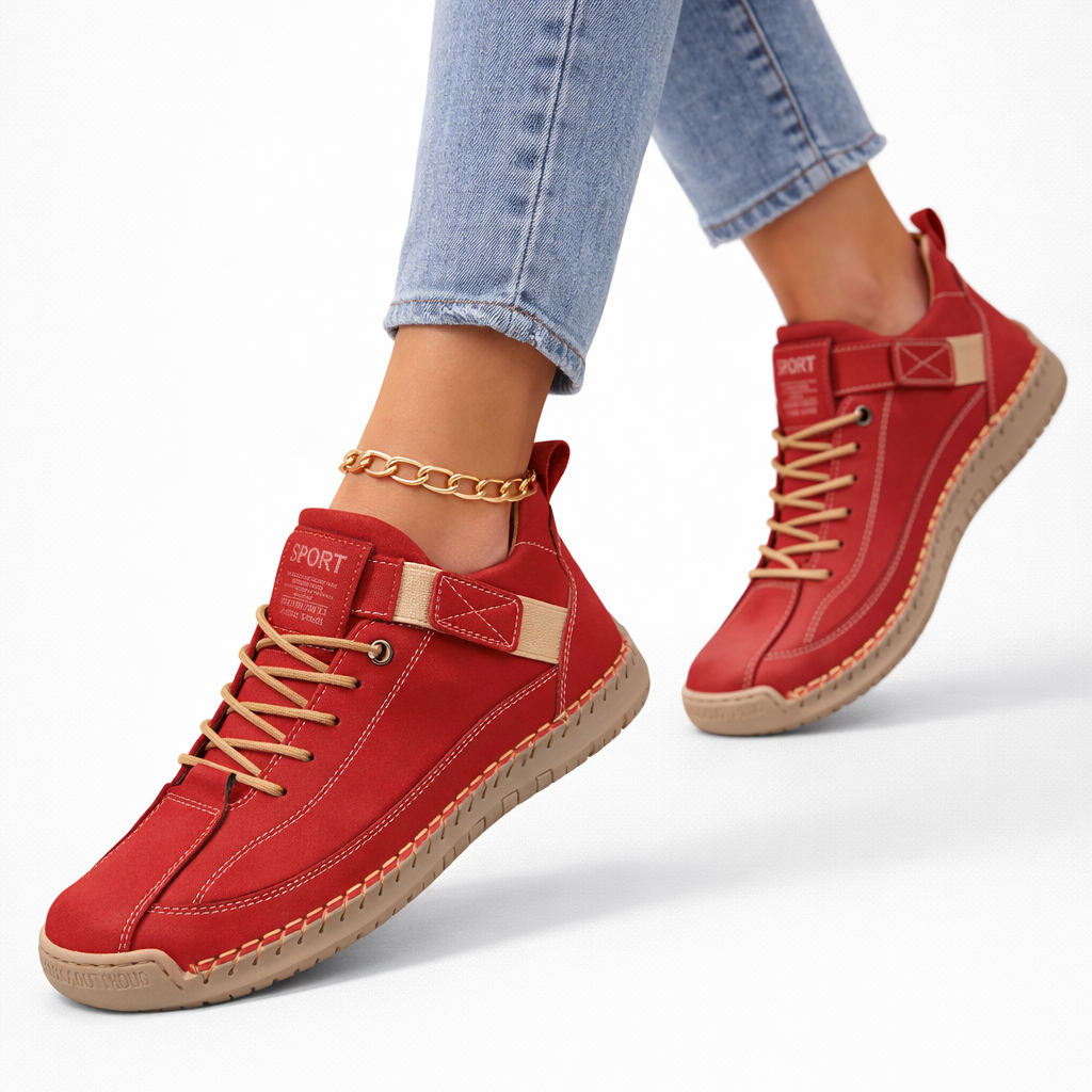 Red lace-up comfort sneakers with side strap and textured rubber sole